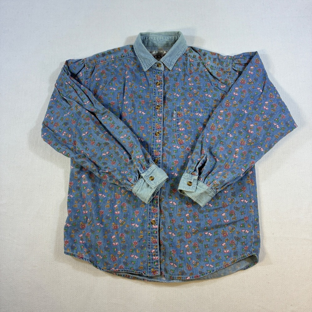 Vintage 90s Levi's Floral Denim Button Down Shirt Women's S/M